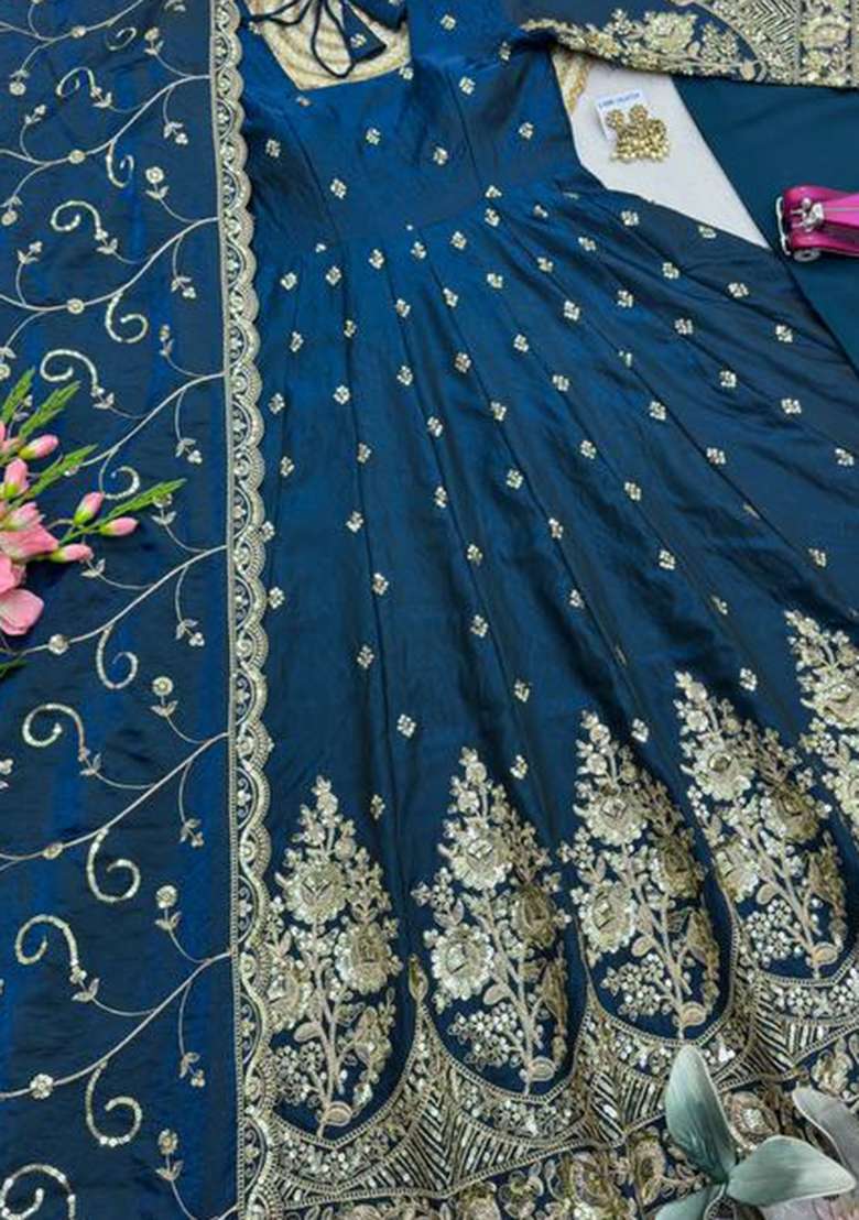 Teal Blue Embroidery Silk Kurta Set - Indya