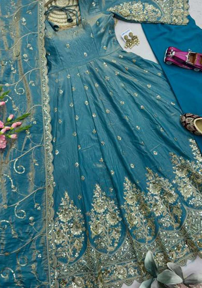 Sky Blue Embroidery Silk Kurta Set - Indya