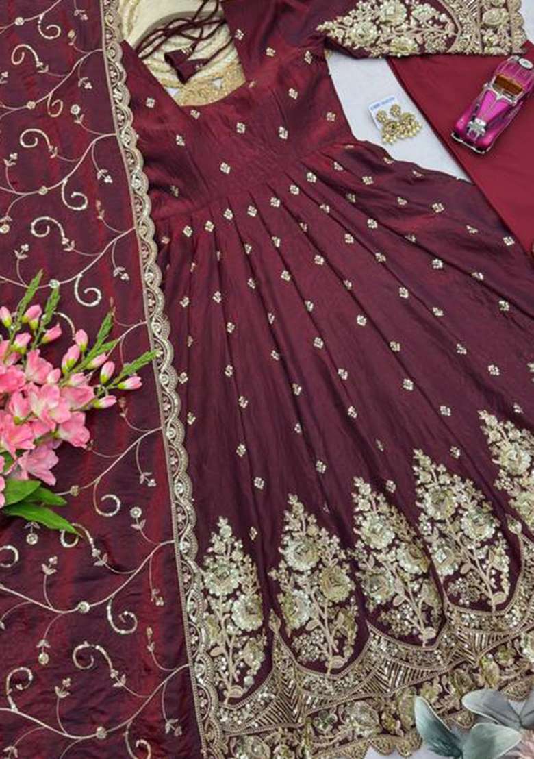Wine Embroidery Silk Kurta Set - Indya