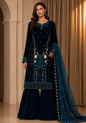 Rama Embroidery Velvet Kurta Set