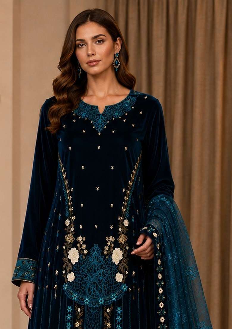 Rama Embroidery Velvet Kurta Set - Indya