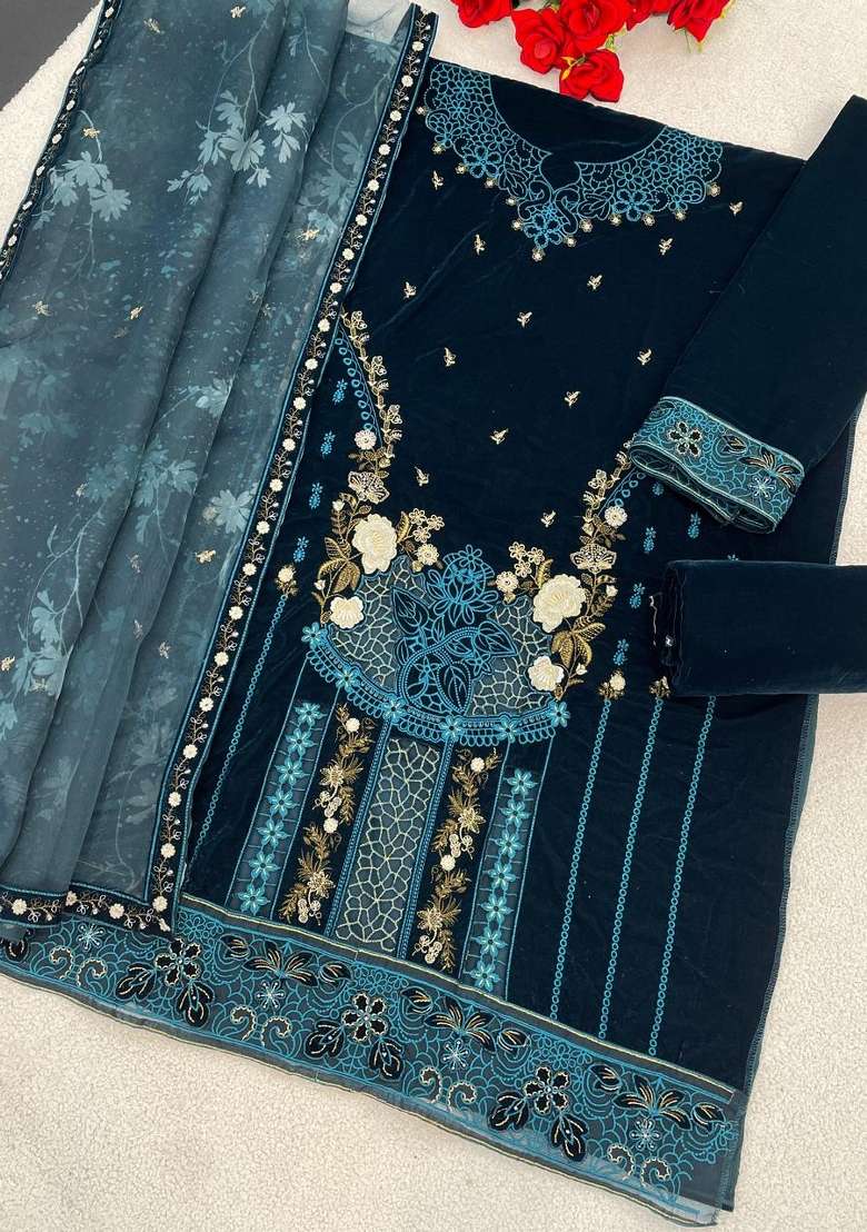 Rama Embroidery Velvet Kurta Set - Indya