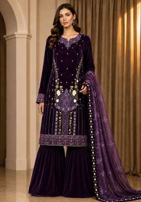 Wine Embroidery Velvet Kurta Set