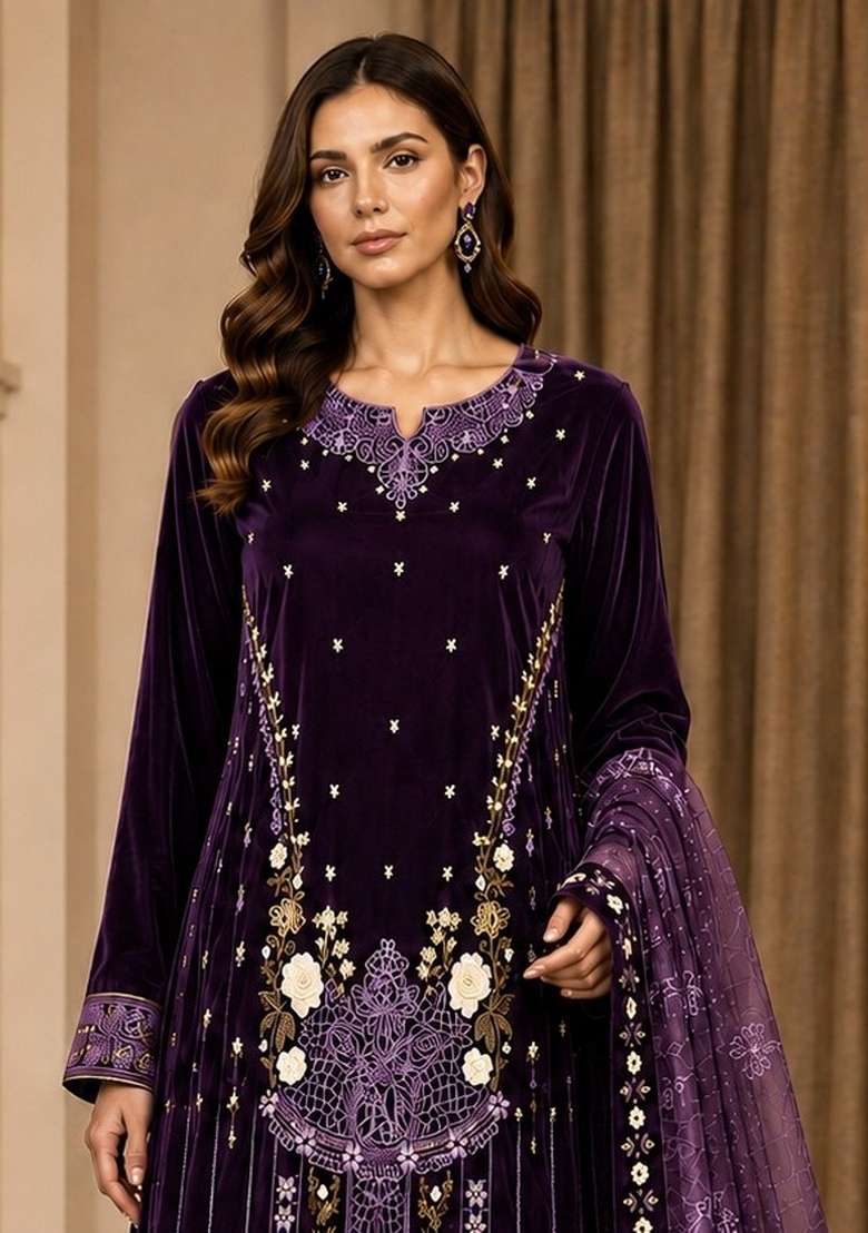 Wine Embroidery Velvet Kurta Set - Indya