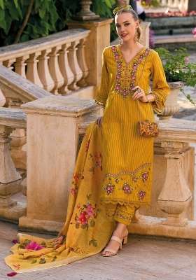 Yellow Embroidery Cotton Kurta Set