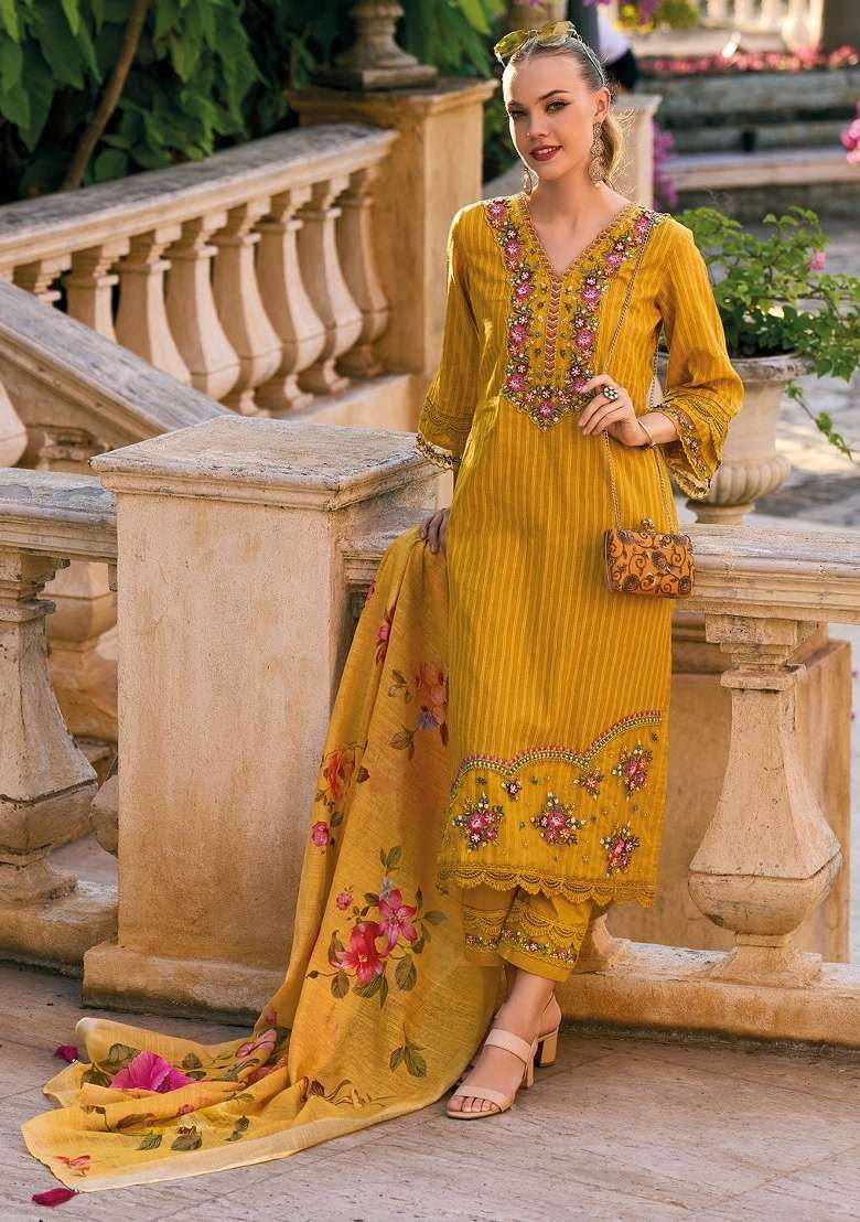 Yellow Embroidery Cotton Kurta Set - Indya