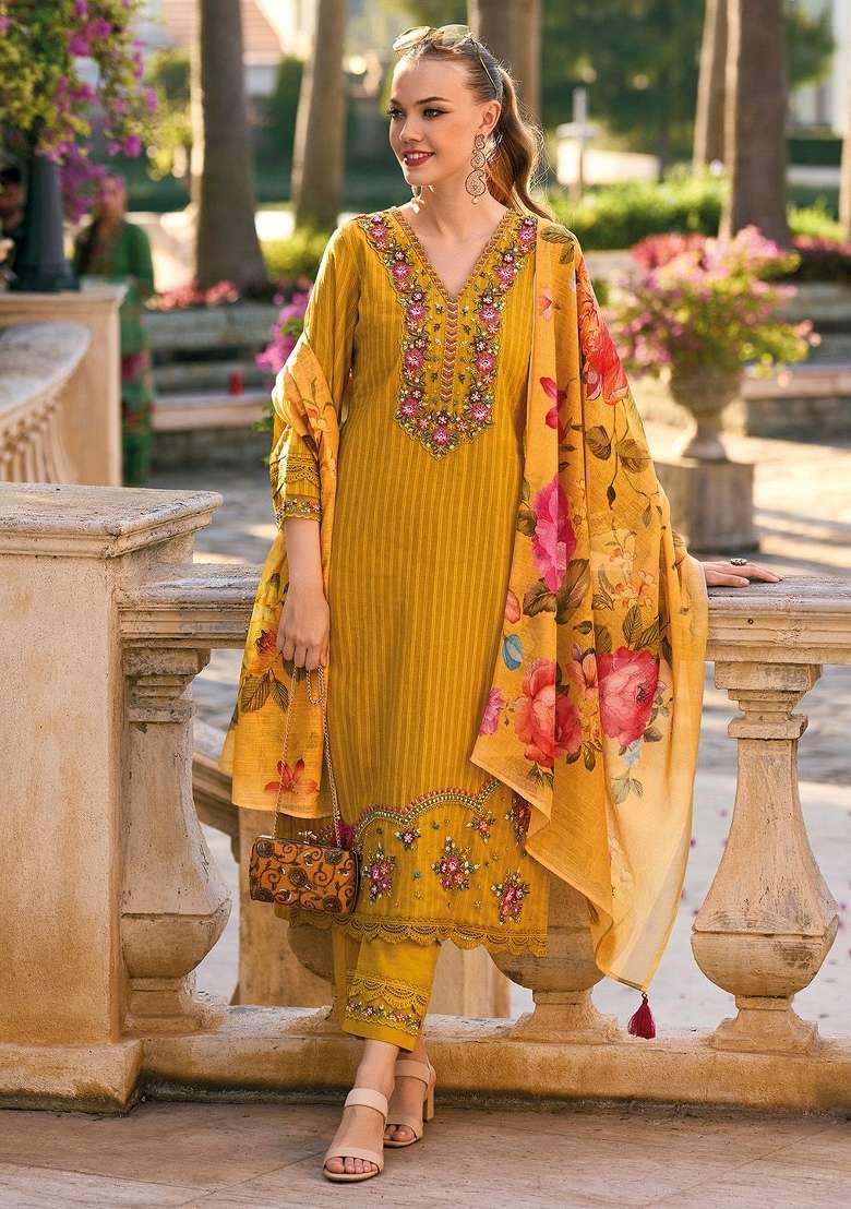 Yellow Embroidery Cotton Kurta Set - Indya