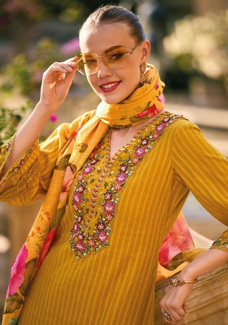 Yellow Embroidery Cotton Kurta Set - Indya
