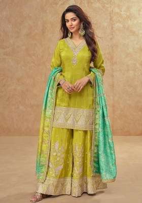 Lime Green Embroidery Silk Kurta Set