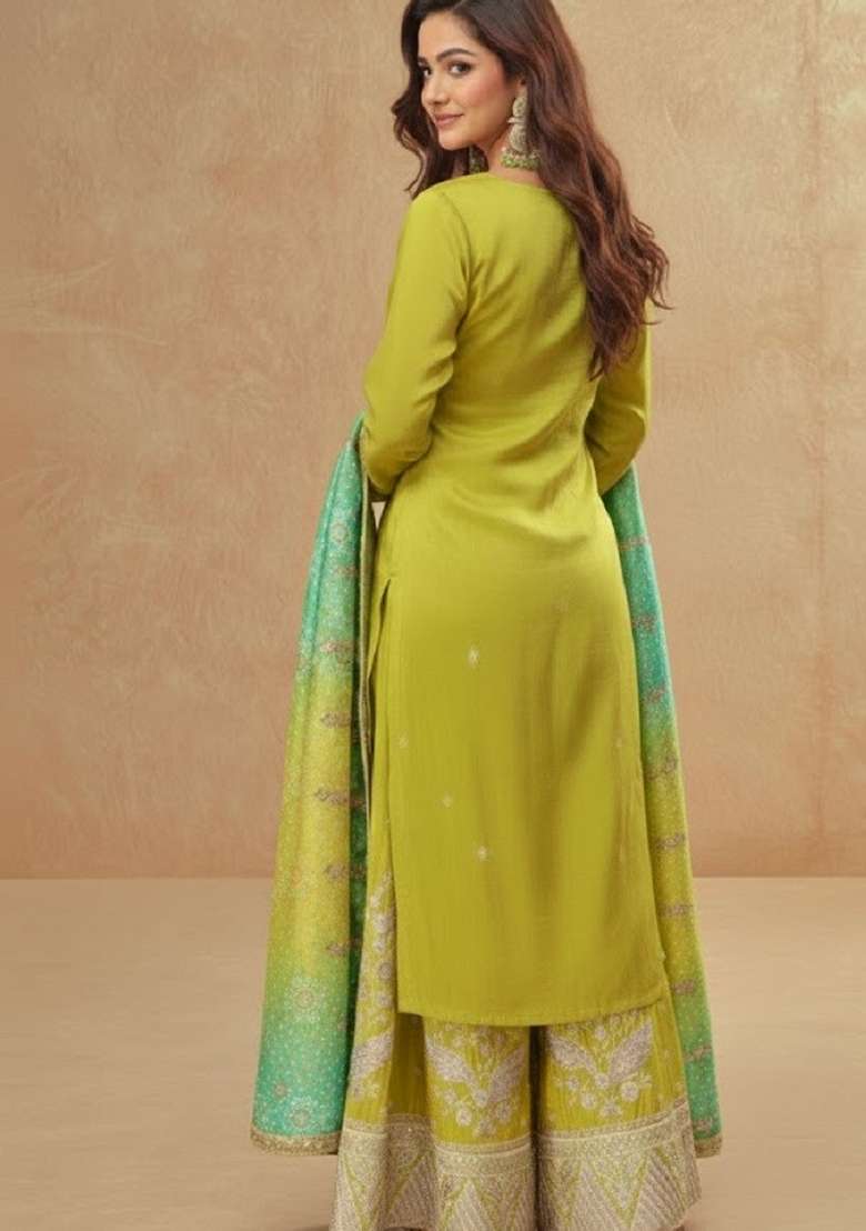 Lime Green Embroidery Silk Kurta Set - Indya
