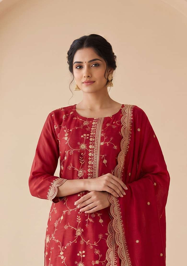 Red Embroidery Chinon Kurta Set - Indya