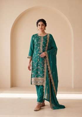 Teal Green Embroidery Chinon Kurta Set