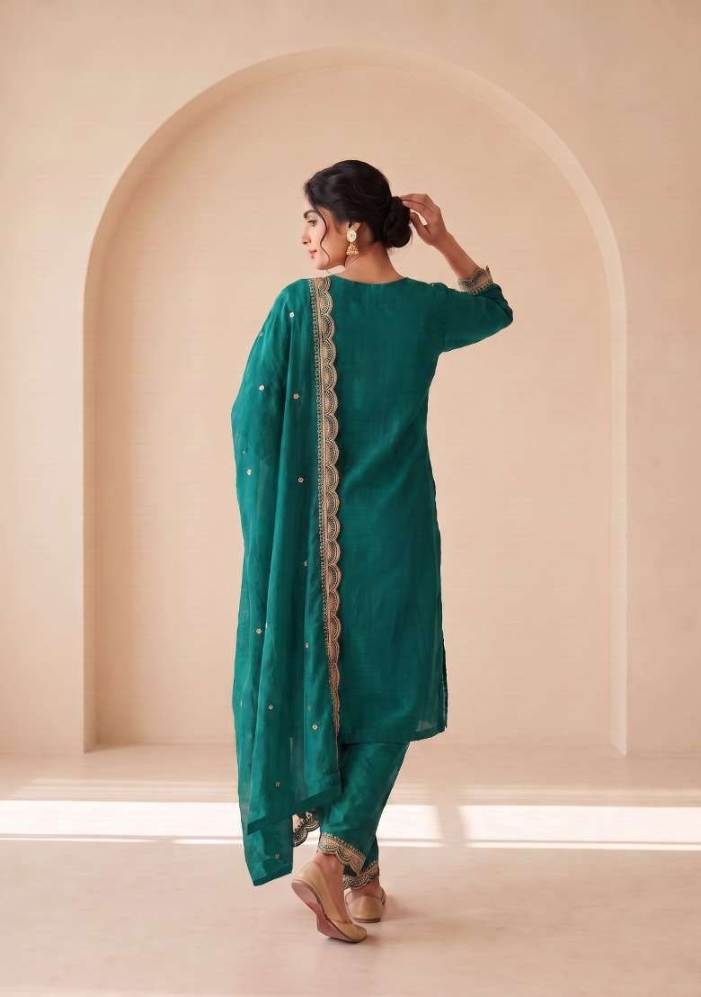 Teal Green Embroidery Chinon Kurta Set - Indya