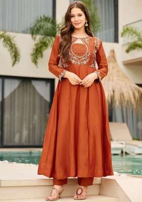 Orange Embroidery Vichitra Kurta Set