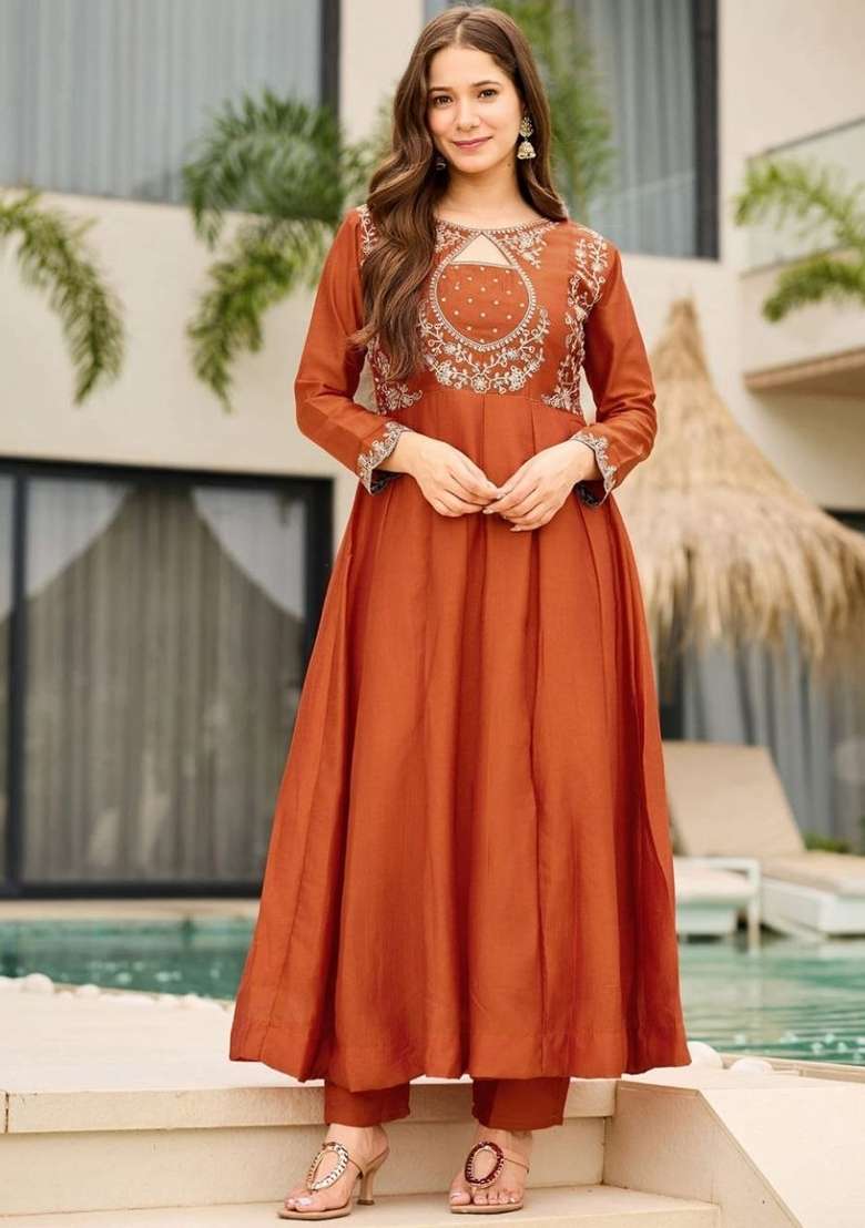 Orange Embroidery Vichitra Kurta Set - Indya