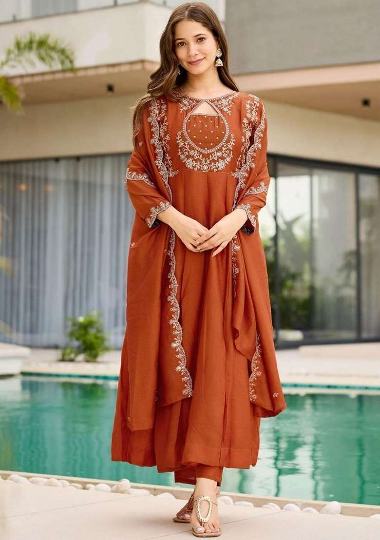 Orange Embroidery Vichitra Kurta Set - Indya