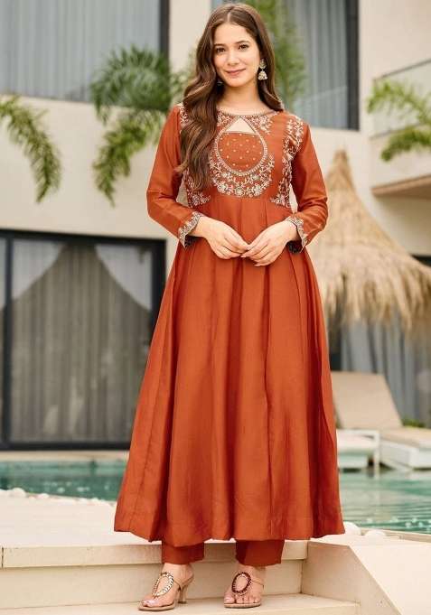 Orange Embroidery Vichitra Kurta Set