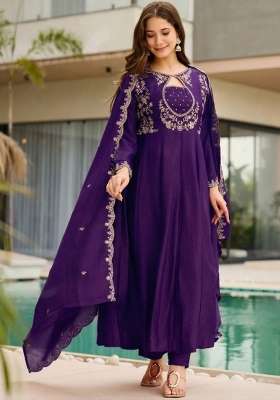 Purple Embroidery Vichitra Kurta Set