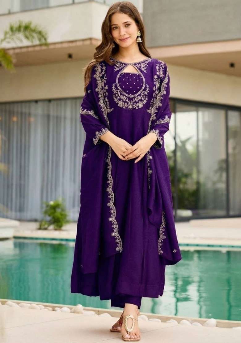 Purple Embroidery Vichitra Kurta Set - Indya