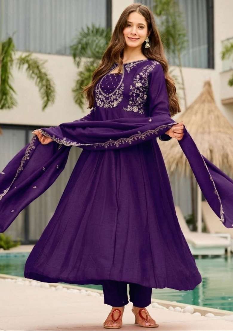 Purple Embroidery Vichitra Kurta Set - Indya