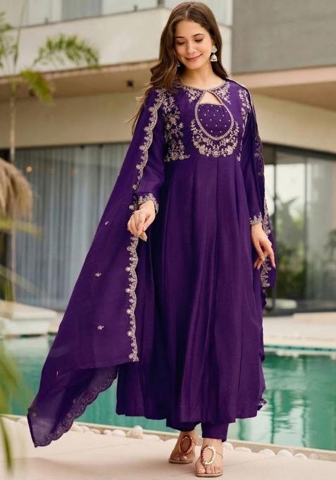 Purple Embroidery Vichitra Kurta Set