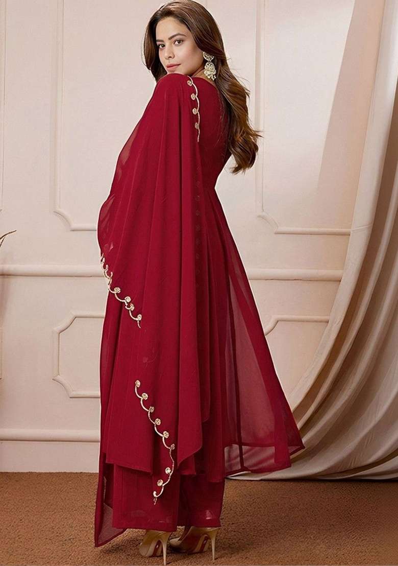 Red Embroidery Georgette Kurta Set - Indya