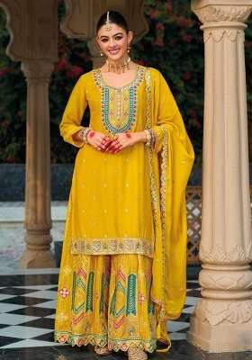 Yellow Embroidery Chinon Kurta Set