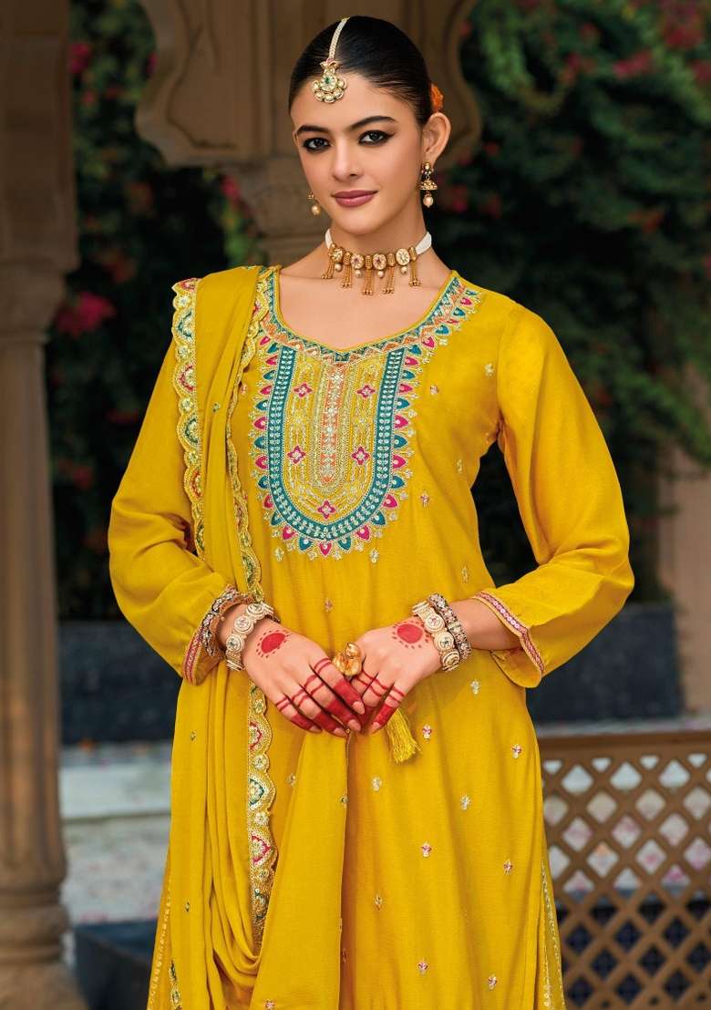 Yellow Embroidery Chinon Kurta Set - Indya