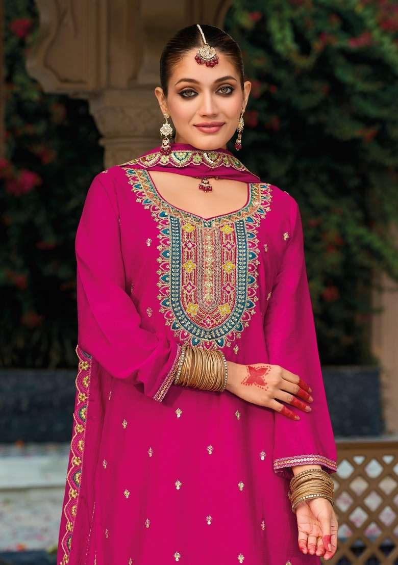 Pink Embroidery Chinon Kurta Set - Indya