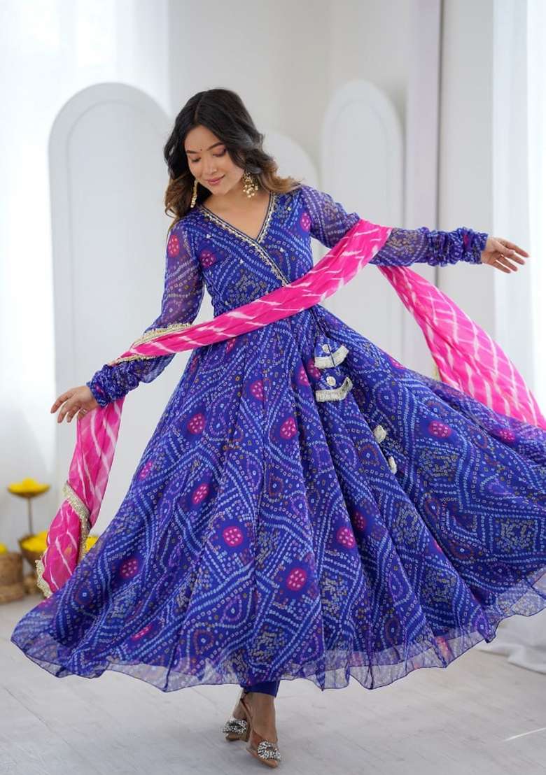 Royal Blue Embroidery Georgette Kurta Set - Indya