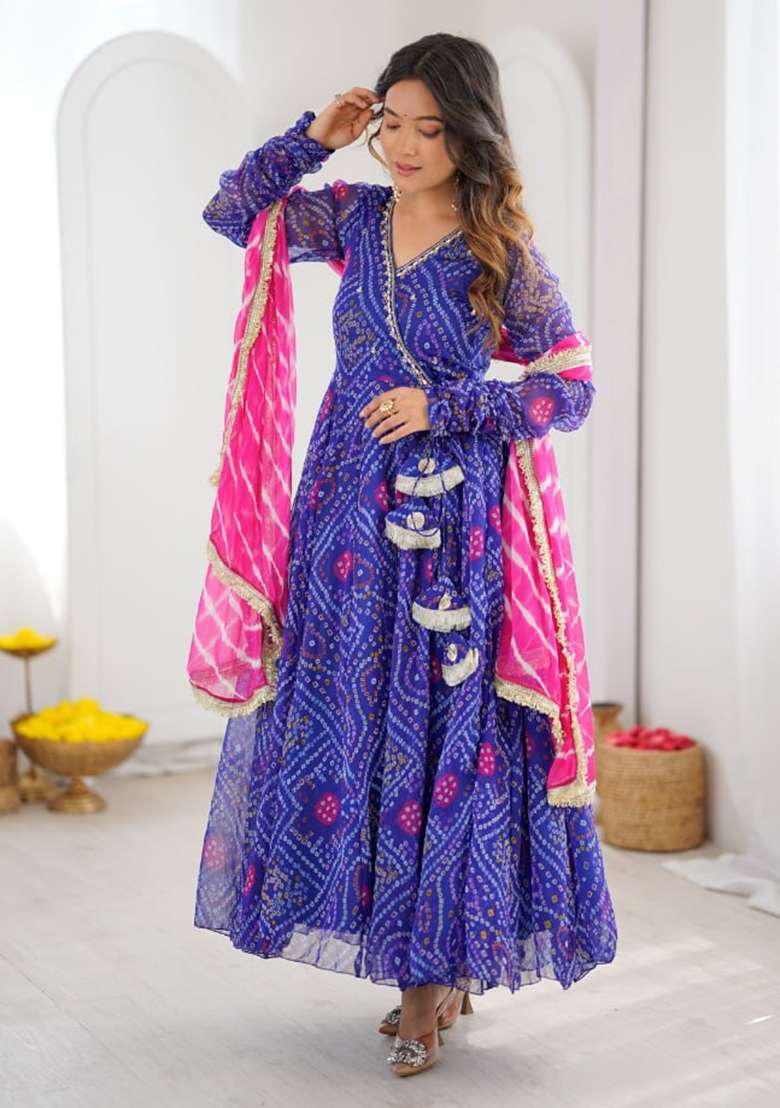 Royal Blue Embroidery Georgette Kurta Set - Indya