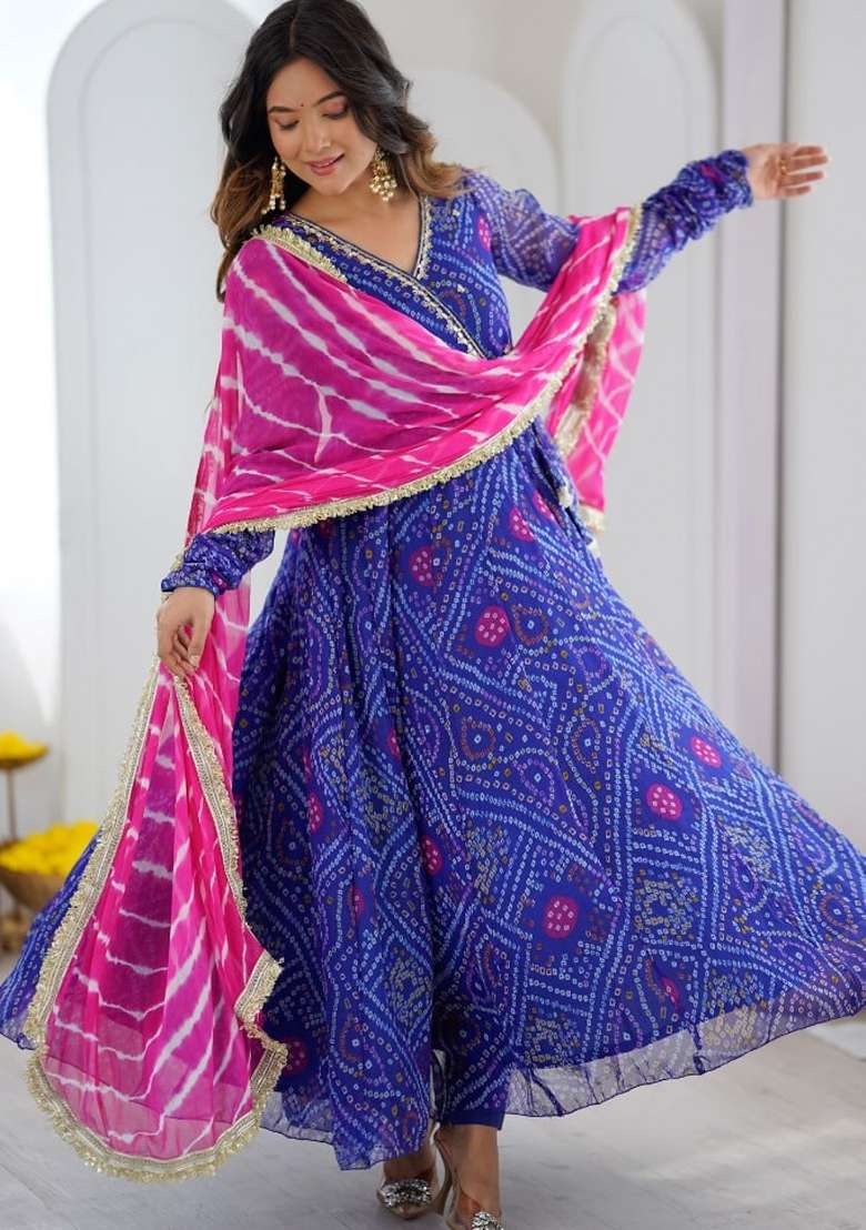 Royal Blue Embroidery Georgette Kurta Set - Indya