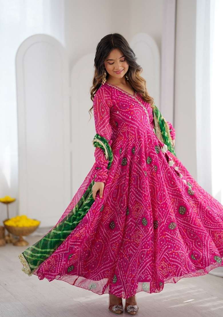Pink Embroidery Georgette Kurta Set - Indya