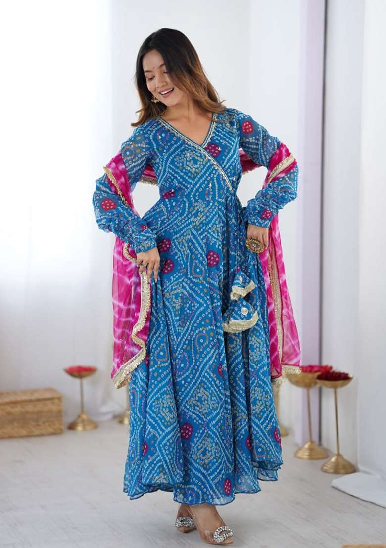 Sky Blue Embroidery Georgette Kurta Set - Indya