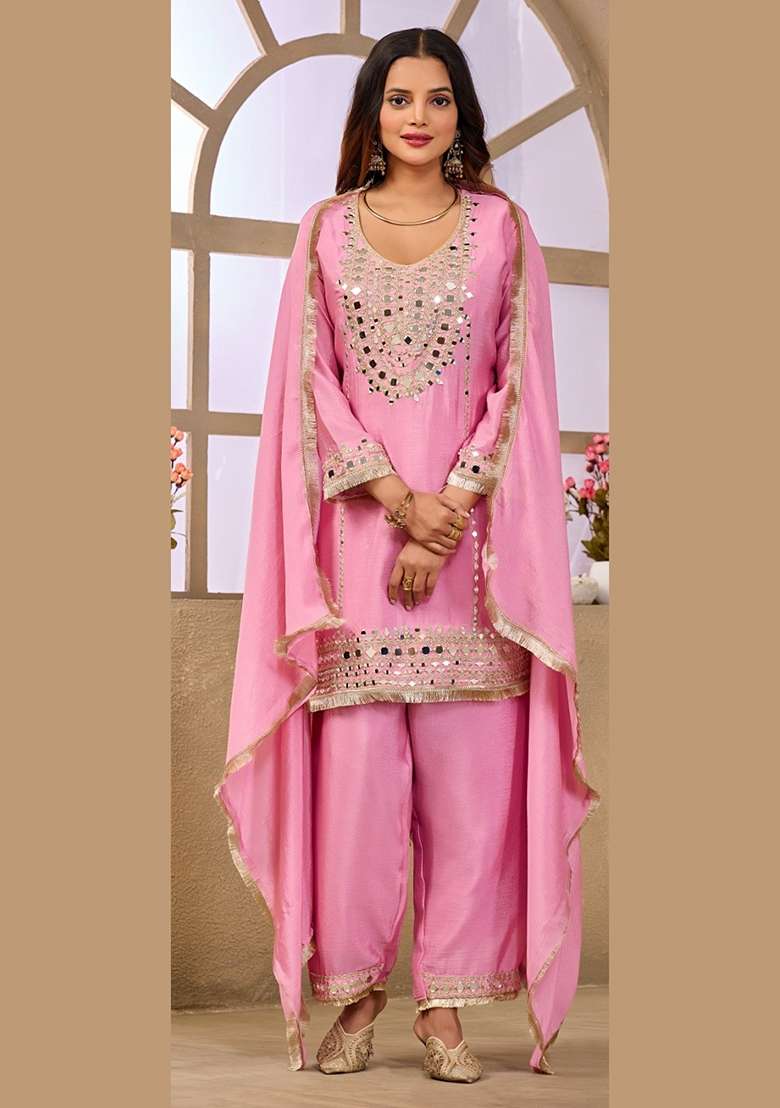 Pink Embroidery Chinon Kurta Set - Indya