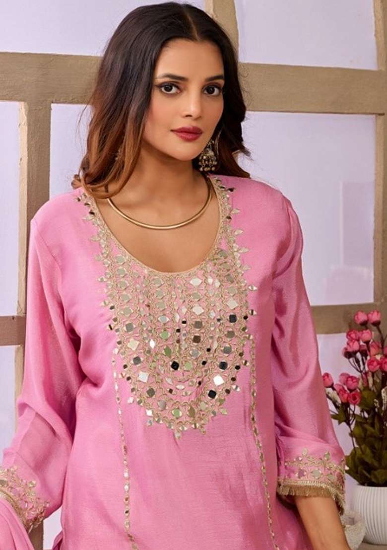 Pink Embroidery Chinon Kurta Set - Indya