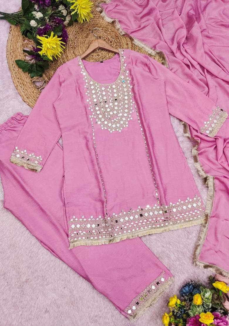Pink Embroidery Chinon Kurta Set - Indya