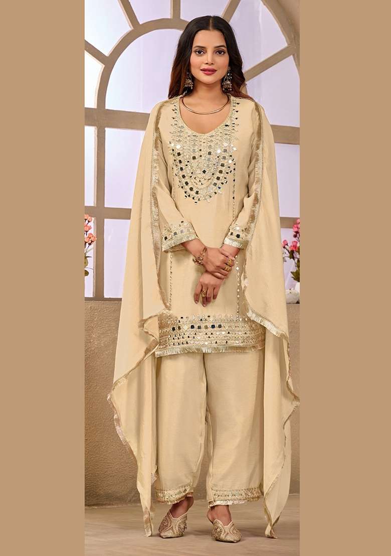 White Embroidery Chinon Kurta Set - Indya