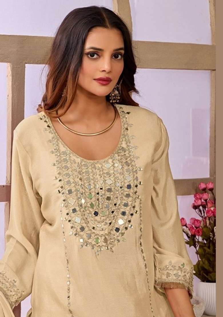 White Embroidery Chinon Kurta Set - Indya
