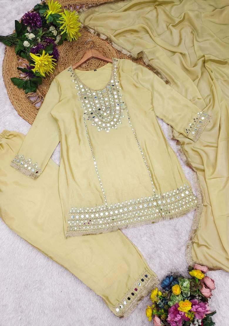 White Embroidery Chinon Kurta Set - Indya