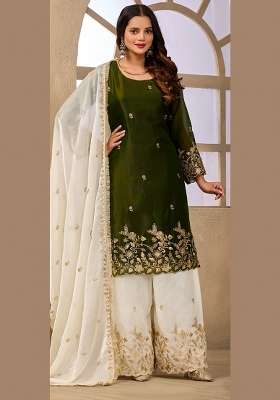Green Embroidery Satin Kurta Set