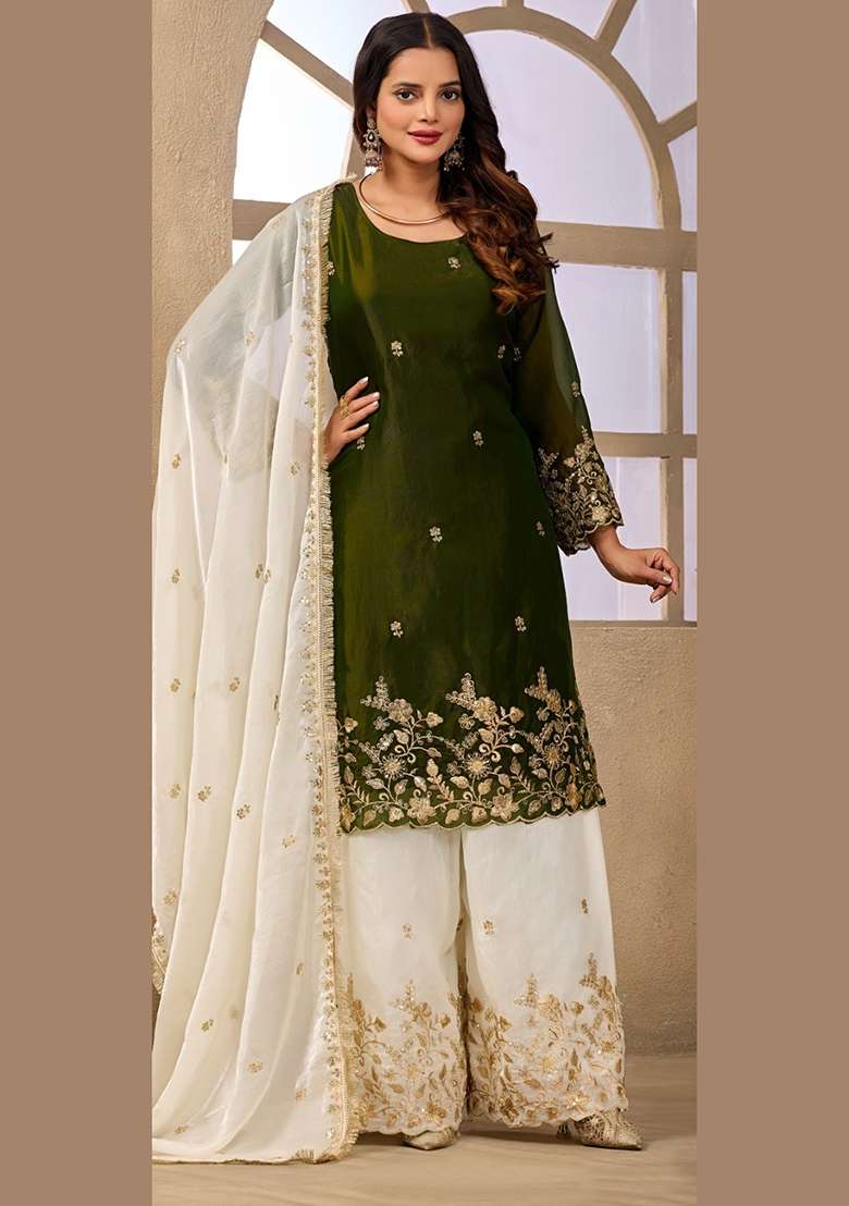 Green Embroidery Satin Kurta Set - Indya