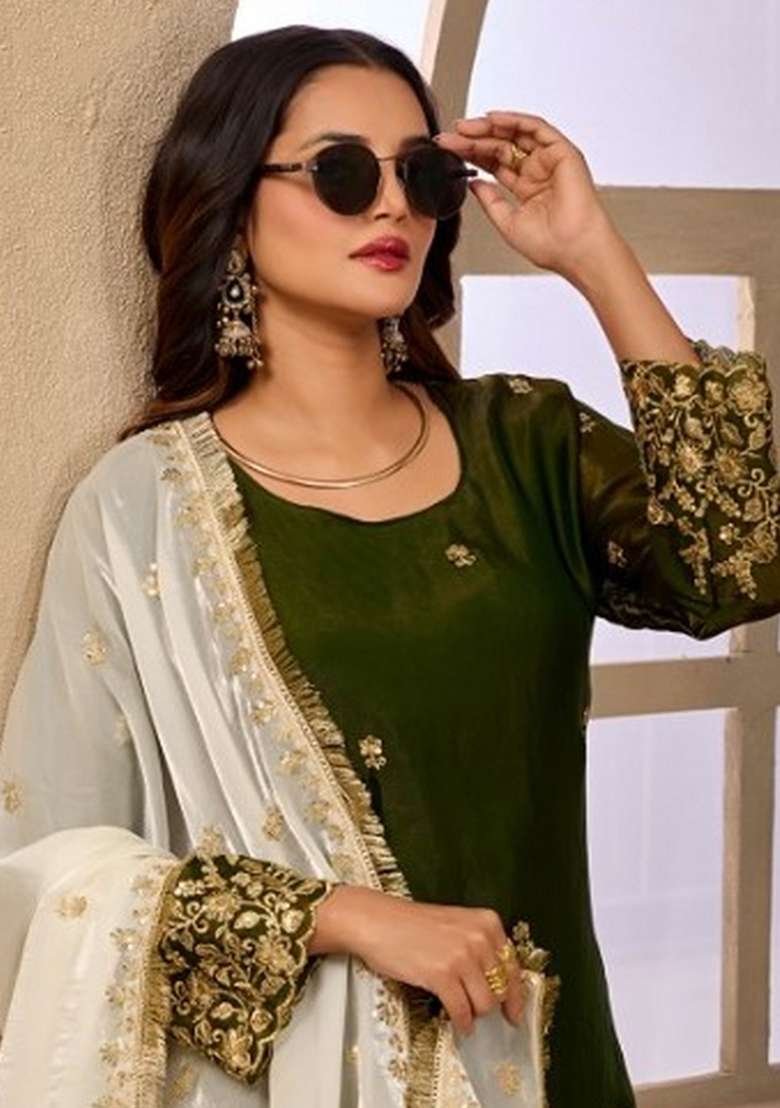 Green Embroidery Satin Kurta Set - Indya