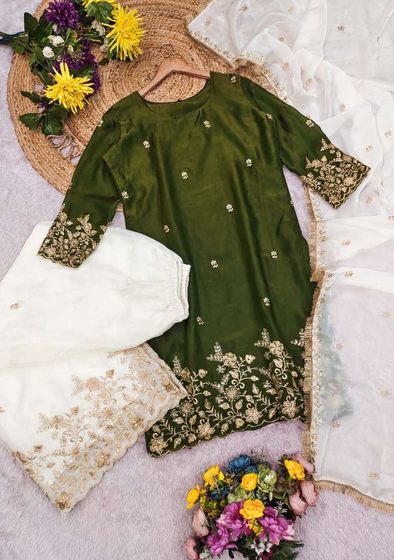 Green Embroidery Satin Kurta Set - Indya