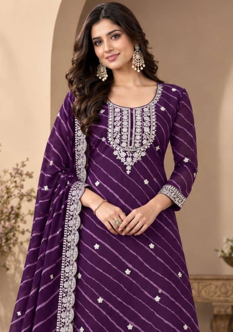 Purple Embroidery Georgette Kurta Set - Indya