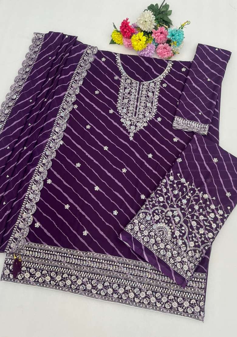 Purple Embroidery Georgette Kurta Set - Indya