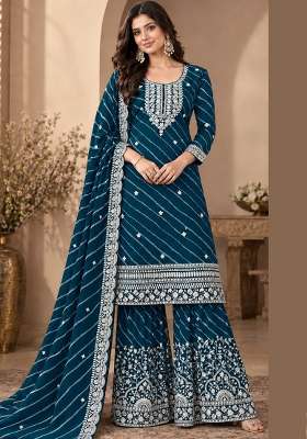 Teal Blue Embroidery Georgette Kurta Set