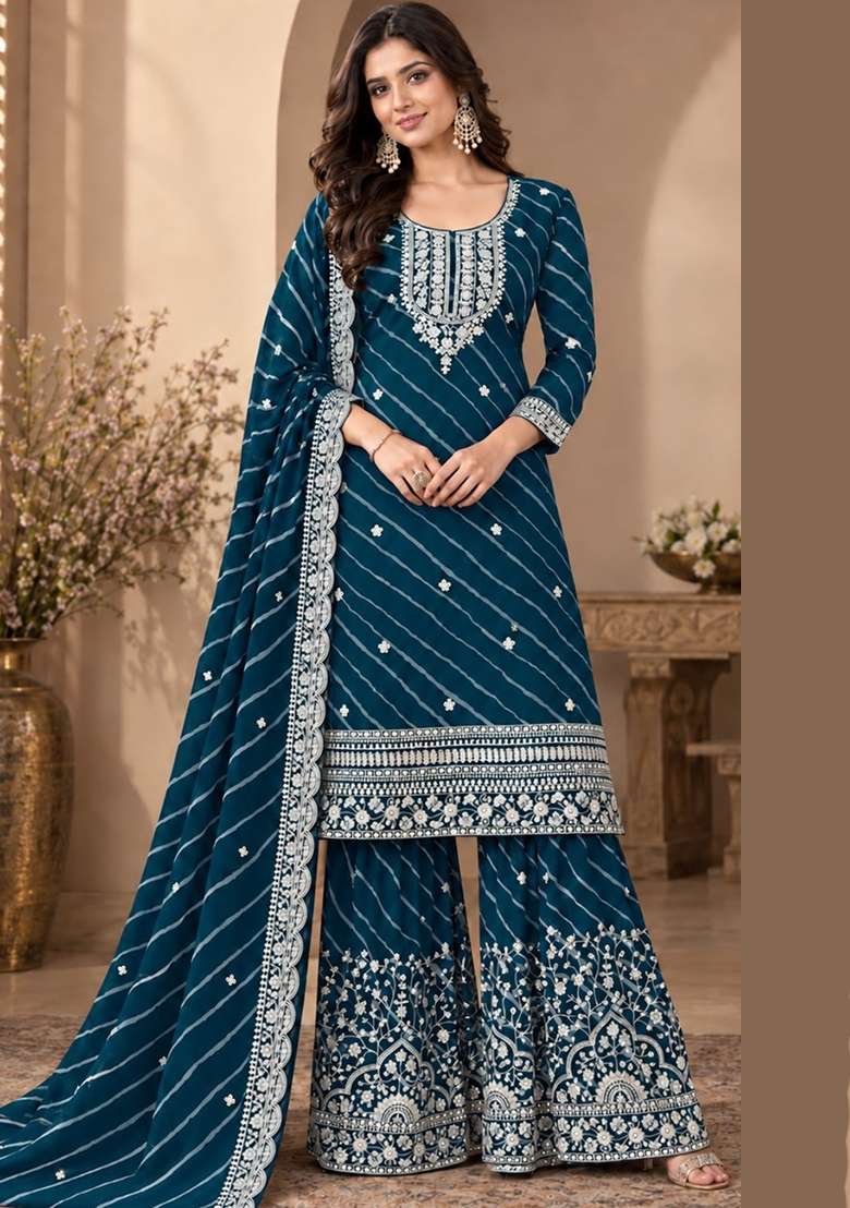 Teal Blue Embroidery Georgette Kurta Set - Indya