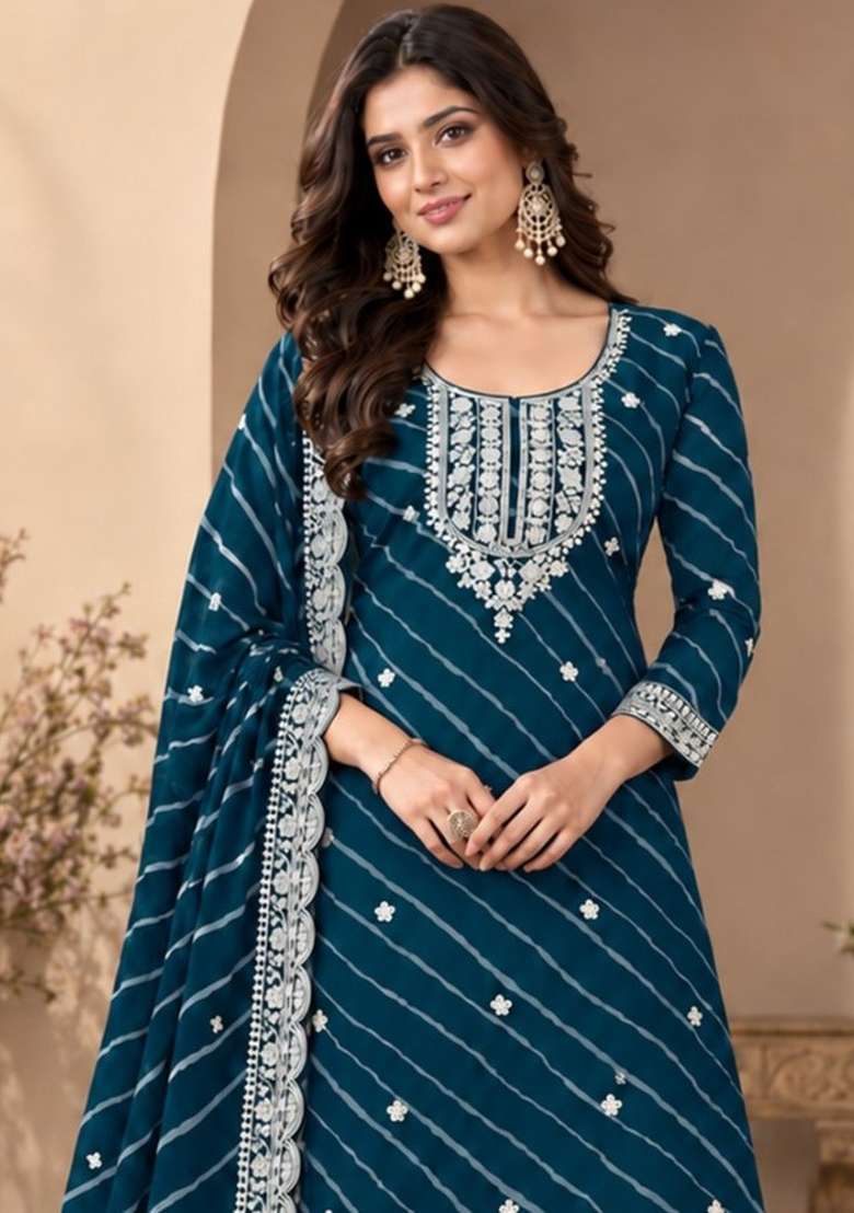 Teal Blue Embroidery Georgette Kurta Set - Indya