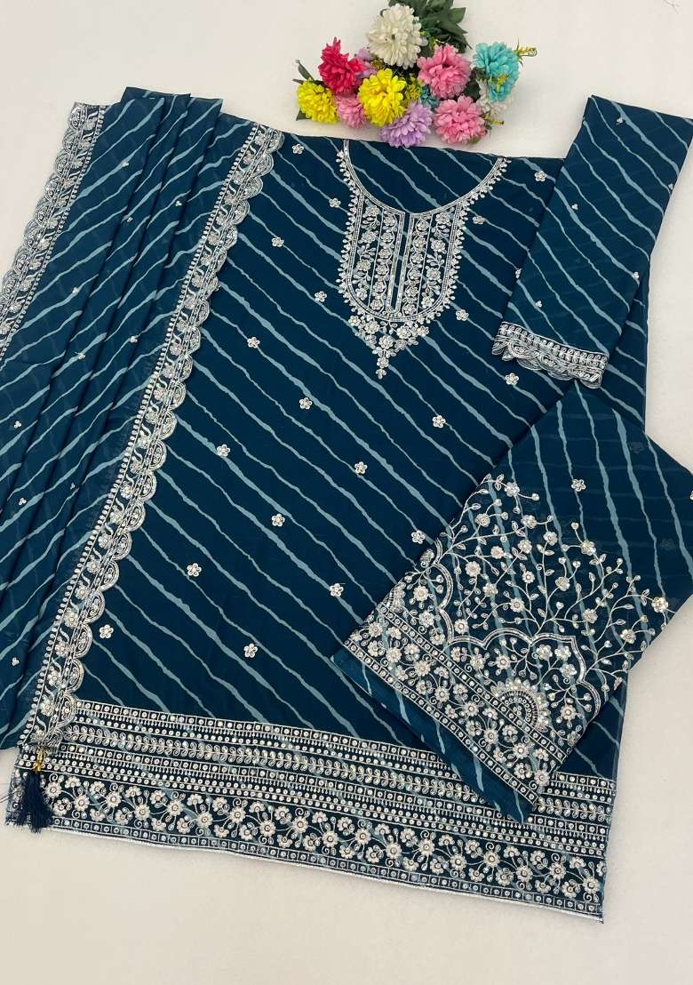 Teal Blue Embroidery Georgette Kurta Set - Indya